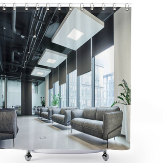 Personality  Spacious Waiting Lounge With Grey And Comfortable Couches, Green Natural Plants And Large Windows In Modern Coworking Office, Workspace Organization Concept Shower Curtains