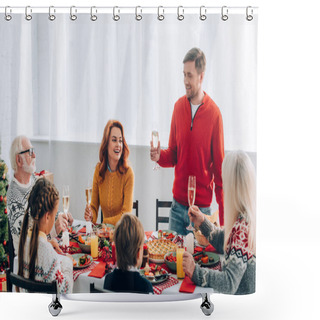Personality  Smiling Man With Champagne Glass Saying Speech Near Family At Festive Table At Home Shower Curtains