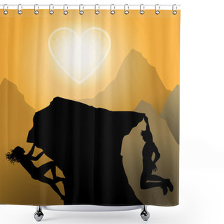 Personality  Sunset Climbers. Couple Climp Up To Their Love Shower Curtains