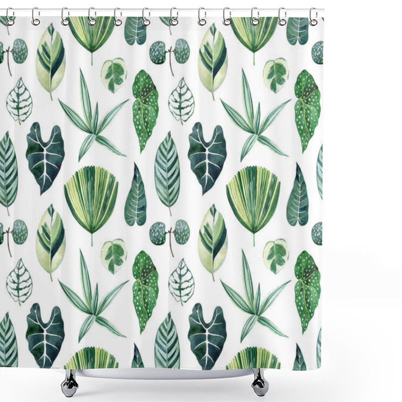 Personality  Tropical leaves watercolor seamless pattern with licuala grantis, tradescantia, begonia, alocasia, calathea. Exotic foliage texture for fabrics, wrapping paper, wallpapers, digital paper. shower curtains