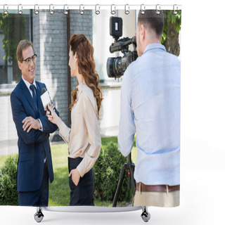 Personality  Professional Cameraman And Female Journalist Interviewing Cheerful Businessman   Shower Curtains