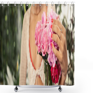 Personality  Cropped View Of Blurred Young African American Woman In Knitted Top Holding Vase With Pink Roses In Blurred Indoor Garden At Background, Trendy Woman With Tropical Flair, Banner  Shower Curtains