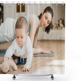 Personality  Woman With Her Son During Workout Shower Curtains
