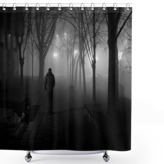Personality  Silhouette Of Man In The Foggy Park In Black And White  Shower Curtains