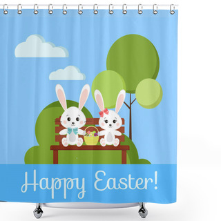Personality  Happy Easter Greeting Card With Boy And Girl Sweet Bunny Rabbits On Wooden Bench Holding Easter Wicker Basket With Colorful Eggs On Spring Landscape Background. Vector Illustration Flat Cartoon Style. Shower Curtains