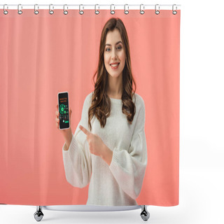 Personality  Woman In White Sweater Pointing With Finger At Smartphone With Charts On Screen Isolated On Pink  Shower Curtains