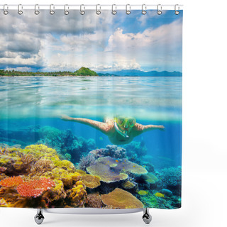 Personality  Woman Snorkeling In Clear Tropical Waters In Front Of Exotic Isl Shower Curtains