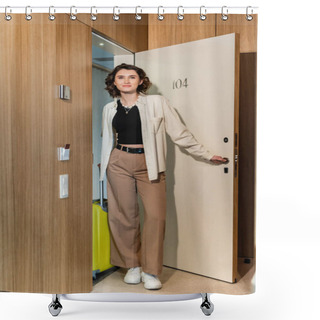 Personality  Full Length Of Pleased Woman In White Shirt And Beige Pants, With Wavy Brunette Hair Holding Yellow Travel Bag And Smiling While Opening Door Of Hotel Suite Near Keycard Reader, Check-in  Shower Curtains