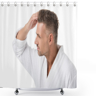 Personality  Side View Of Upset Adult Man In Bathrobe Checking Himself For Hair Loss Isolated On White Shower Curtains