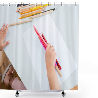Personality  Cropped View Of Kid Holding Colorful Pencils Near Paper  Shower Curtains