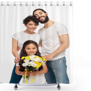 Personality  Latin Parents Smiling Near Cute Daughter Holding Flowers Isolated On White  Shower Curtains