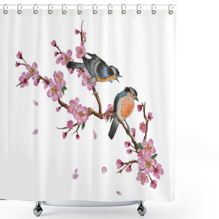 Personality  Cherry Blossom And Two Birds On Tree Shower Curtains