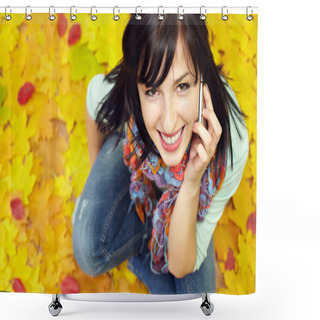 Personality  Portrait Of Attractive Young Woman Talking On The Mobile Phone And Sitting Shower Curtains