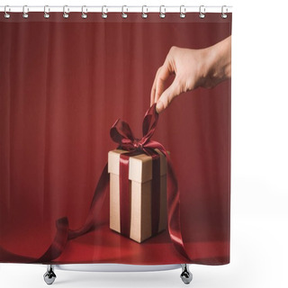 Personality  Partial View Of Woman Holding Ribbon On Gift Box On Red Shower Curtains