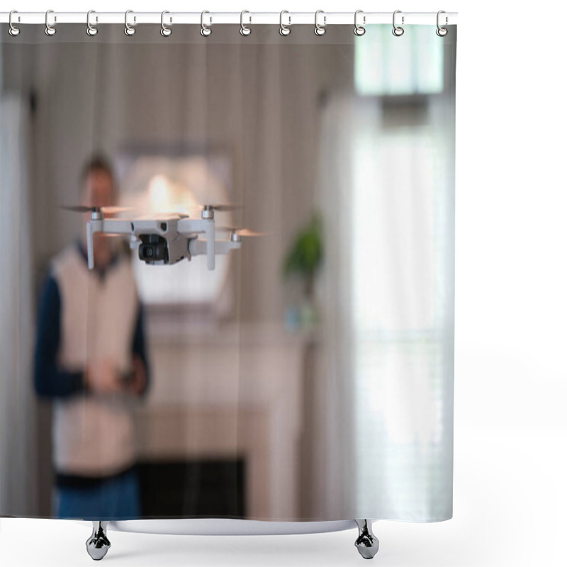 Personality  Drone Flying Indoors With Pilot Visible In Background. Amateur Drone Flight. User Wearing Sweatshirt Flying Drone Inside Of Home On Cold Day. White Drone Flying Inside. Shower Curtains