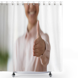 Personality  Happy Indian Woman Reaching Out Hand, Ready For Cooperation. Shower Curtains