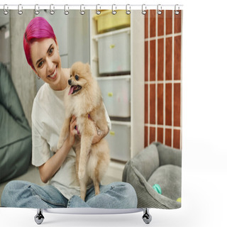 Personality  Cheerful And Stylish Dog Sitter Embracing Pomeranian Spitz While Looking At Camera In Pet Hotel Shower Curtains