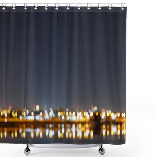 Personality  Dark Cityscape With Buildings, Bokeh Lights And River At Night Shower Curtains
