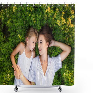 Personality  Top View Of Mother And Daughter Relaxing While Lying In Flowery Meadow And Looking At Each Other Shower Curtains