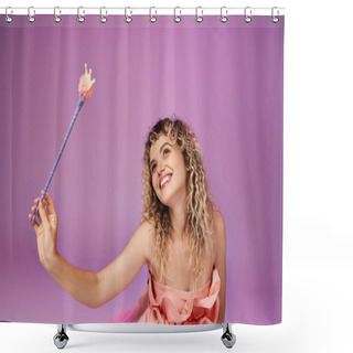 Personality  Dreamy Attractive Woman In Pink Dress Holding Magic Wand And Looking Away, Tooth Fairy Concept Shower Curtains