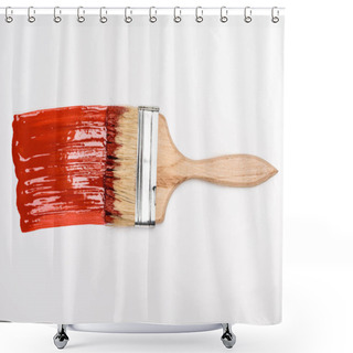 Personality  Top View Of Paintbrush Near Colorful Red Paint Brushstroke On White Background Shower Curtains