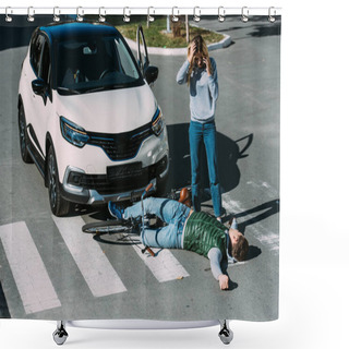 Personality  High Angle View Of Woman Standing Near Injured Cyclist After Car Accident Shower Curtains