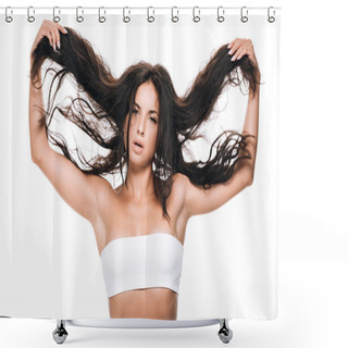 Personality  Brunette Beautiful Woman Holding Wavy Hair Isolated On White Shower Curtains