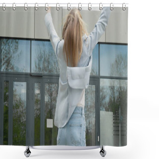Personality  A Lucky Young Girl Looks At The Phone And Sees The Message Good News On The Phone. Woman Rejoices And Laughs, Jumps. Winner And Lottery Victory Moment, Sale And Discounts, Special Offer Get Concept Shower Curtains