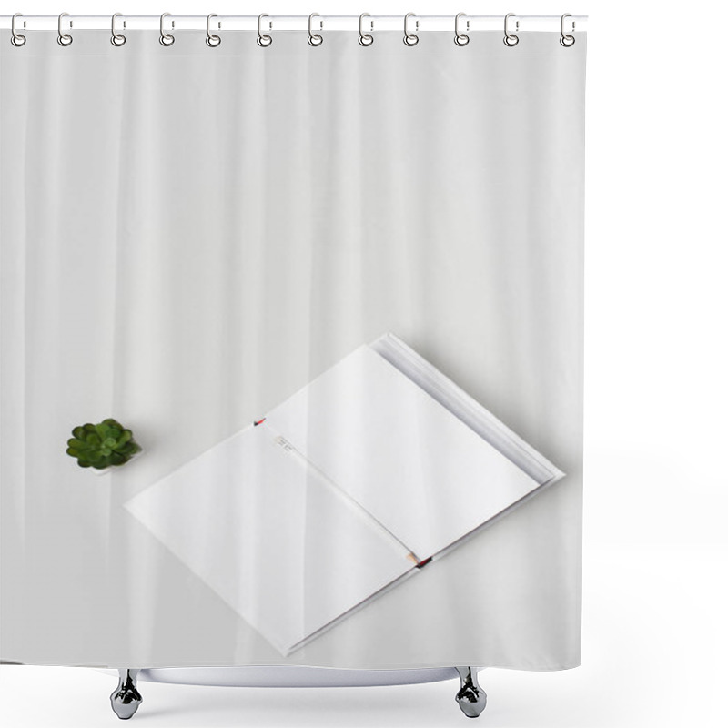 Personality  Flat Lay With Blank Notebook With Pencil Near Green Plant Isolated On White Shower Curtains