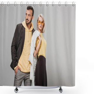Personality  Couple Of Models In Stylish Autumn Outfits Posing On Grey Background  Shower Curtains