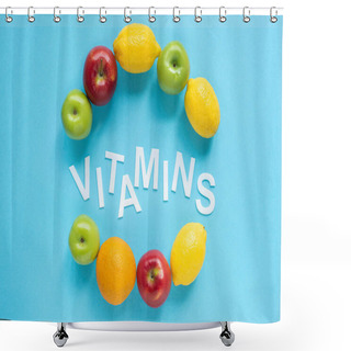 Personality  Top View Of Ripe Fruits Around Word Vitamins On Blue Background Shower Curtains