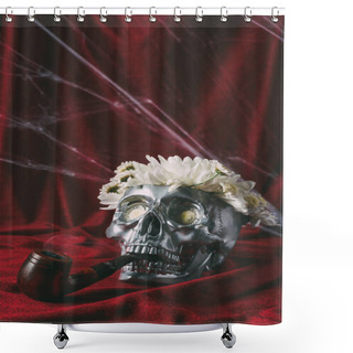 Personality  Silver Skull With Flowers And Smoking Pipe On Red Cloth With Spider Web  Shower Curtains