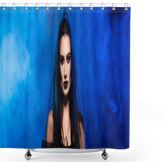 Personality  Panoramic Crop Of Woman In Black Veil On Blue With Smoke, Halloween Concept Shower Curtains