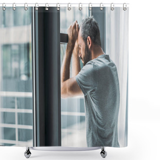 Personality  Depressed Bearded Man Leaning At Window And Looking Through It  Shower Curtains