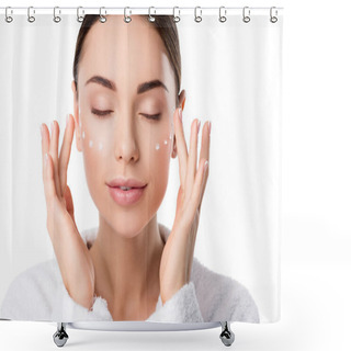 Personality  Beautiful Woman With Eyes Closed Applying Moisturizing Face Cream Isolated On White Shower Curtains