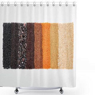 Personality  Top View Of Assorted Black Beans, Rice, Quinoa, Buckwheat, Chickpea And Red Lentil Isolated On White Shower Curtains