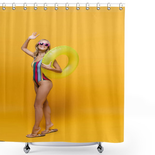 Personality  Full Length Of Smiling Woman In Sunglasses And Swimsuit Holding Inflatable Ring And Waving Hand On Yellow Shower Curtains