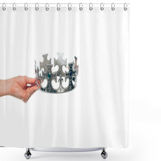 Personality  Cropped View Of Woman Holding Silver Crown With Gemstones, Isolated On White Shower Curtains