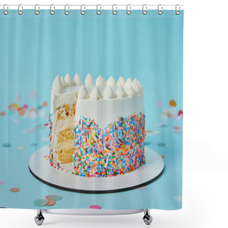 Personality  Delicious Cut Cake Cut On Blue Background Shower Curtains