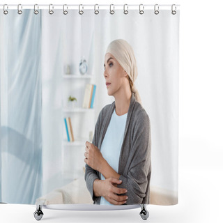 Personality  Sick And Sad Woman With Head Scarf Standing In Living Room  Shower Curtains