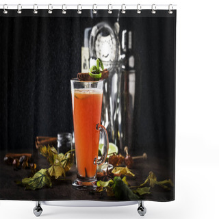 Personality  Hot Buttered Rum, Autumn Or Winter Warming Alcoholic Cocktail With Apple And Lemon Juice, Dark Rum, Honey, Cinnamon In Tall Glass On Dark Background Shower Curtains