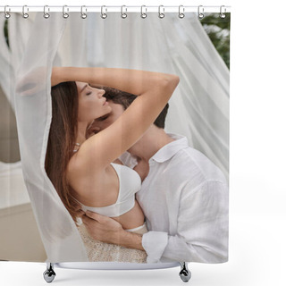Personality  Sexy Couple, Man Seducing Beautiful Woman While Standing Near White Tulle Of Pavilion On Beach Shower Curtains