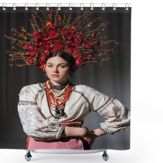 Personality  Brunette And Young Ukrainan Woman In Floral Wreath With Red Berries Posing With Hand On Hip On Dark Grey Shower Curtains
