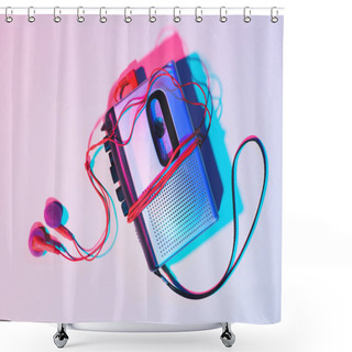 Personality  Toned Picture Of Retro Cassette Player And Earphones On Tabletop Shower Curtains