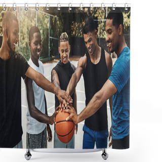 Personality  Training, Friends And Community Support By Basketball Players Hand Connected In Support Of Sports Goal And Vision. Fitness, Trust And Motivation On Basketball Court By Happy, United Professional Men. Shower Curtains