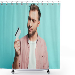 Personality  Frustrated Man Holding Credit Card, Isolated On Blue Shower Curtains