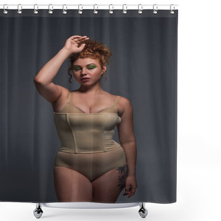 Personality  Young Plus Size Model With Curvy Body In Beige Underwear Standing With Hand Near Head On Dark Grey Shower Curtains