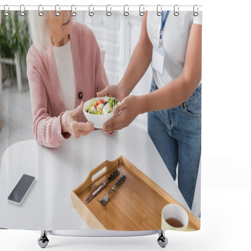 Personality  Cropped View Of Multiracial Social Worker Giving Bowl With Salad To Happy Senior Woman  Shower Curtains