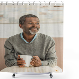 Personality  Smiling African Ameriican Man Sitting With Blanket On Knees And Holding Cup Of Warming Drink Shower Curtains