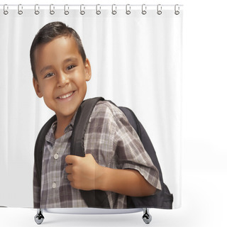 Personality  Happy Young Hispanic Boy Ready For School On White Shower Curtains